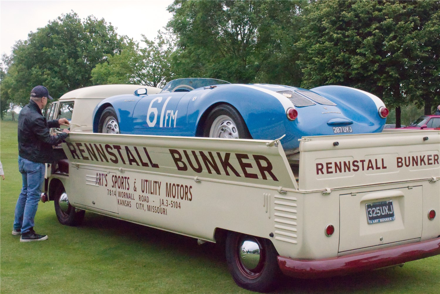 Porsche 550 on the back of a single cab pickup at Classics at the Clubhouse - Aircooled Edition