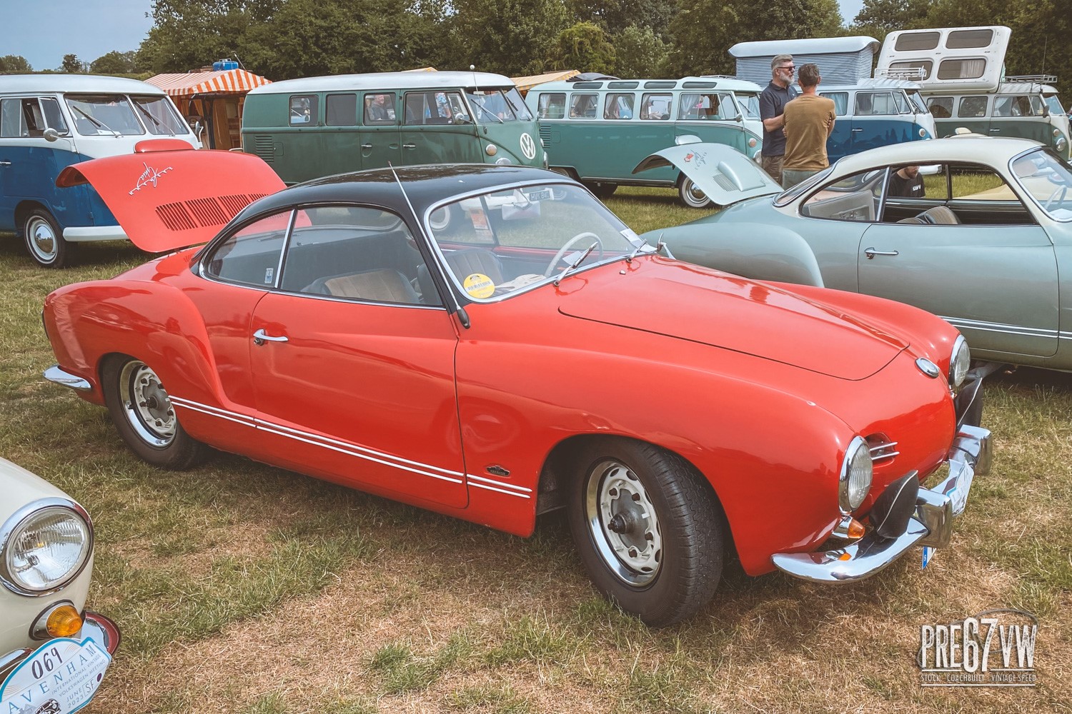 Low-light Karmann Ghia travelled from Sweden at Lavenham Vintage VW Meeting 2023